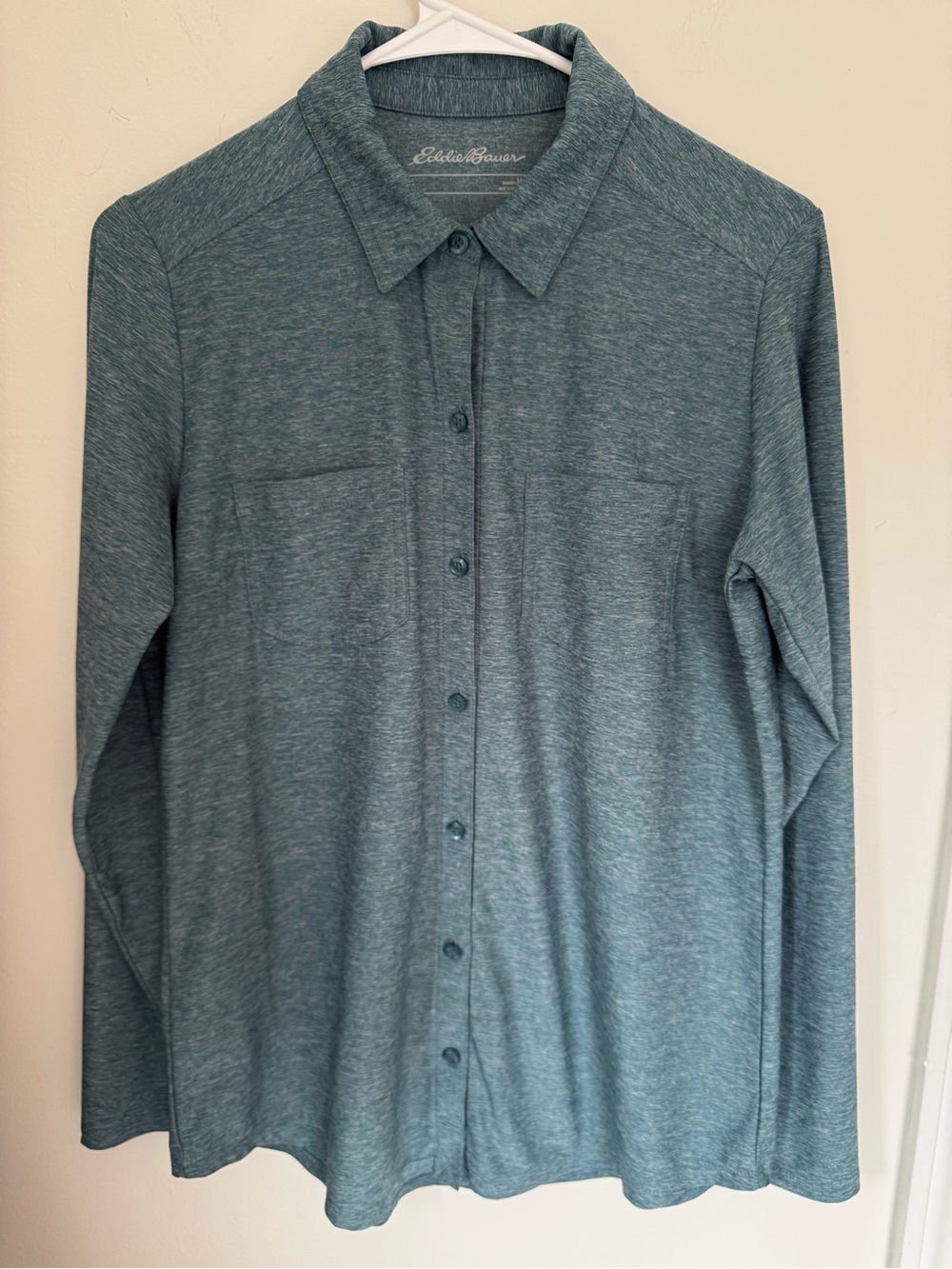 Women’s Eddie Bauer Women's Heathered Teal Blue Long Sleeve Knit Button Up Shirt